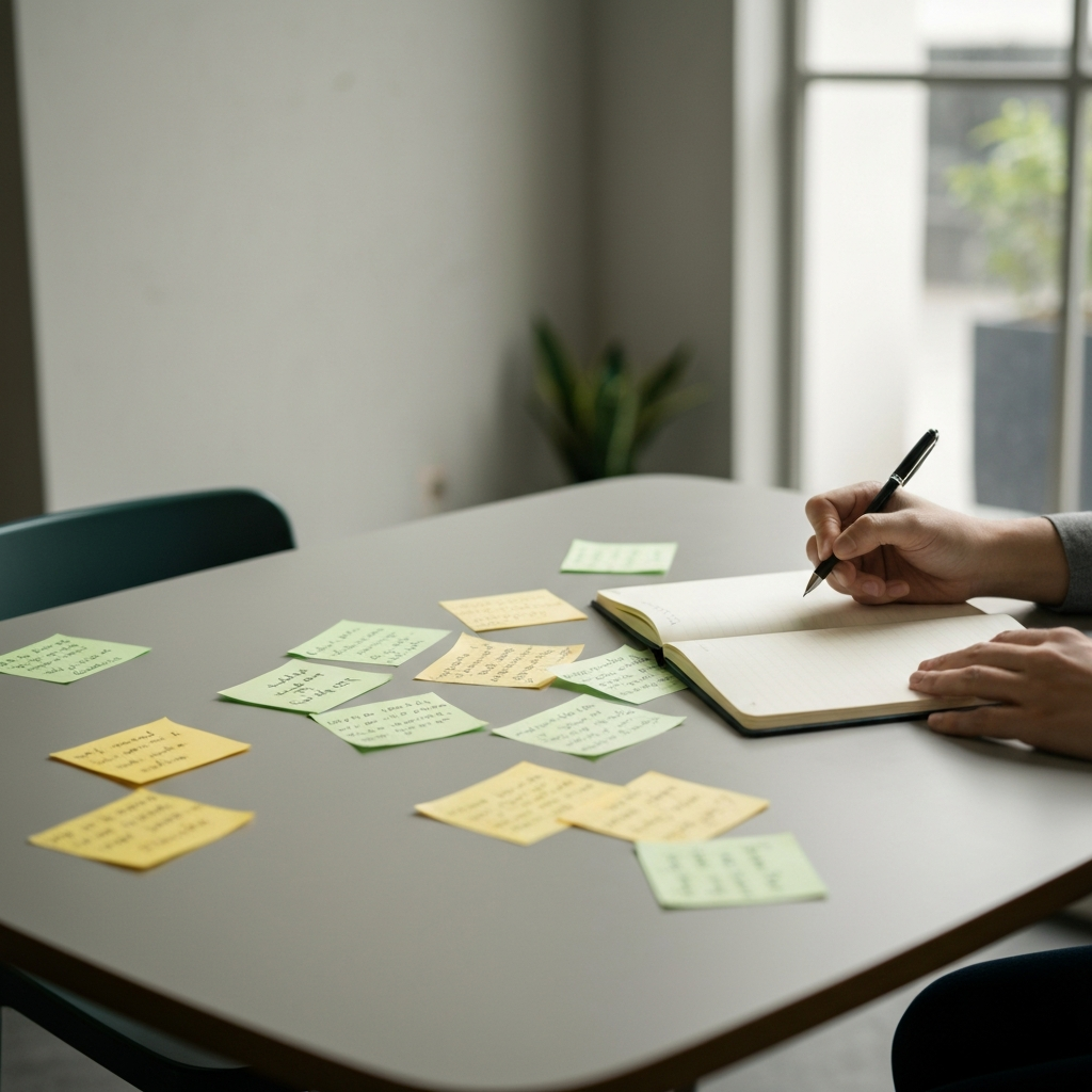 A cozy cafe with soft, diffused lighting. A person sits at a table with a notebook and pen, surrounded by scattered sticky notes filled with handwritten ideas. The background is blurred, creating a soft bokeh effect.