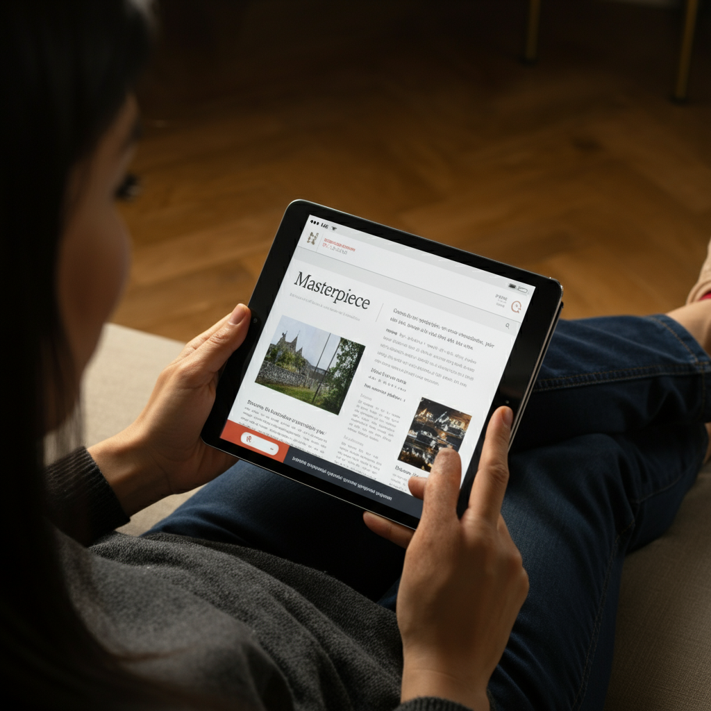 A person sitting comfortably on a couch, reading an article on a tablet. The tablet screen is well-lit and displays a neatly formatted article with headings, bullet points, and images. Soft, natural light streams in from a nearby window.