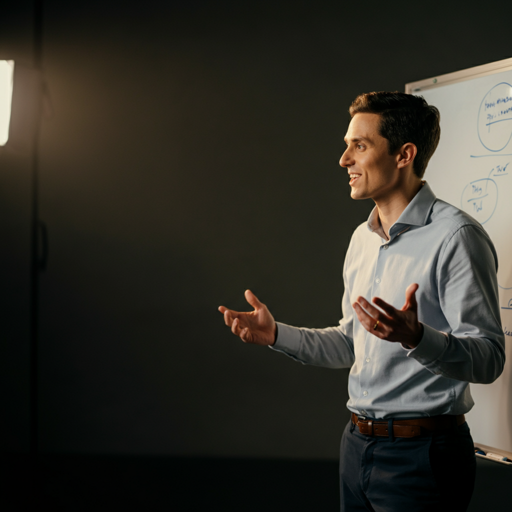 A person standing in front of a whiteboard, passionately explaining a concept with hand gestures and a genuine smile. The lighting is warm and inviting, and the person's expression is confident and engaging.