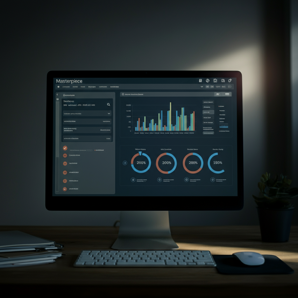 A computer screen displaying a search engine optimization (SEO) dashboard. The dashboard is filled with charts, graphs, and keyword data. The lighting is focused and professional.