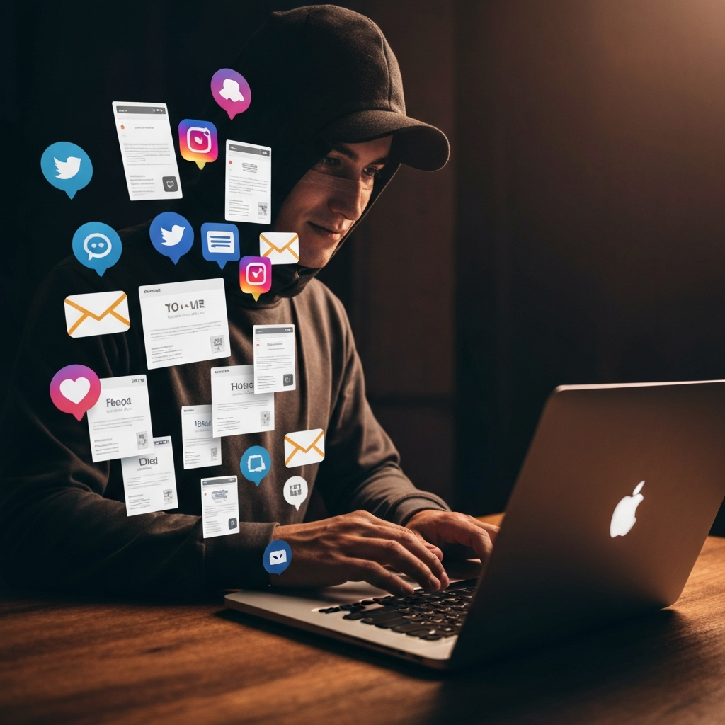 A person working on a laptop, surrounded by social media icons and email marketing templates. The lighting is vibrant and energetic, reflecting the excitement of content promotion.