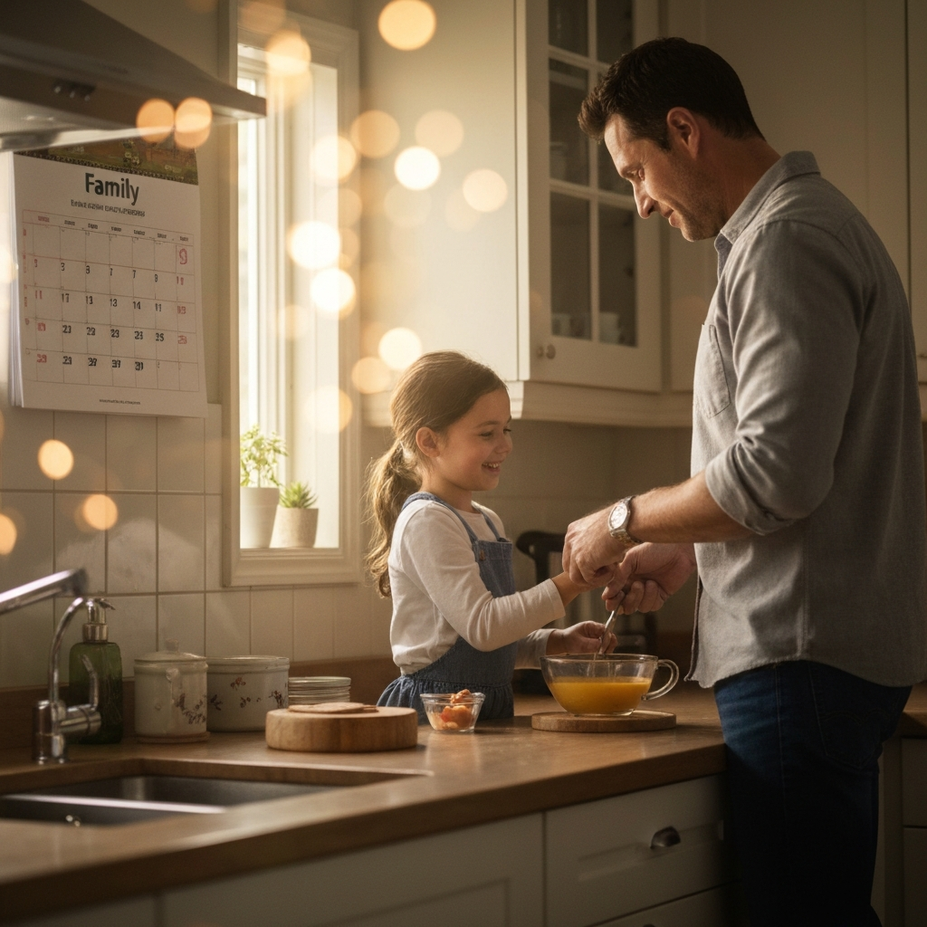 A softly-lit kitchen in the early morning. A family calendar hangs on the wall, marked with daily activities. A young girl helps her father prepare breakfast, smiling. The light filters through a window with soft bokeh in the background, illuminating the scene.