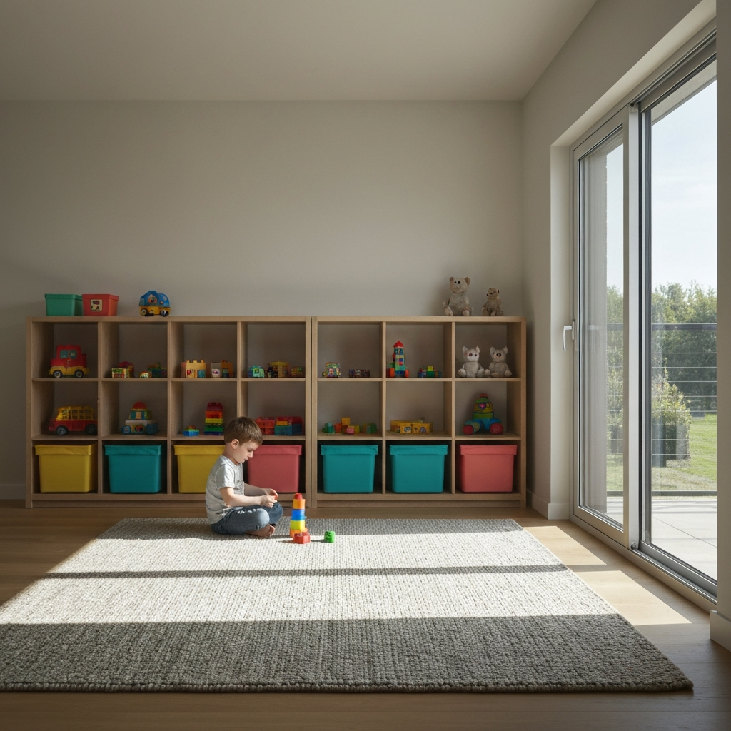 A child's playroom with colorful bins and shelves filled with toys. Soft light from a window illuminates the textured surface of a rug. A child sits on the rug, focused on building blocks.