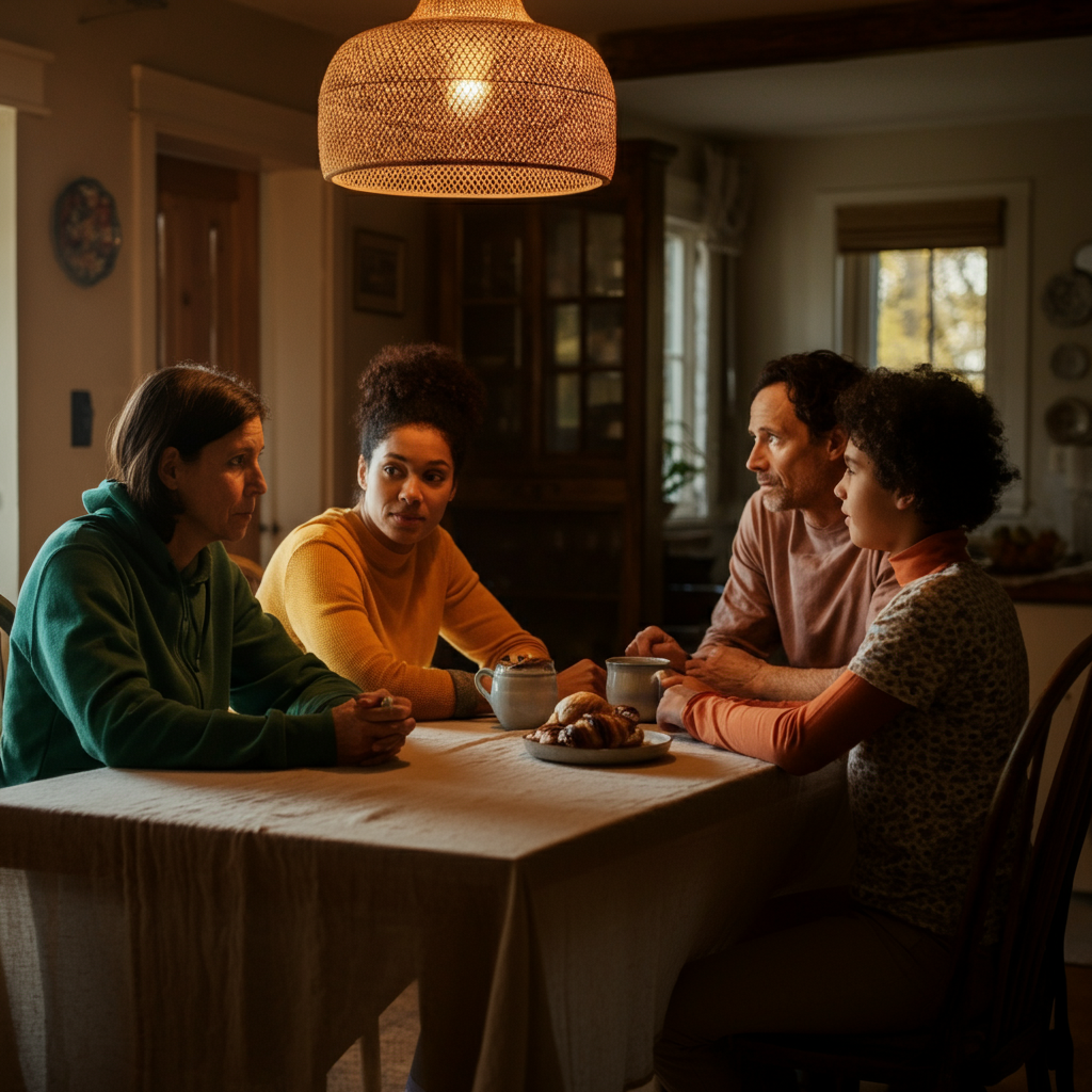 A family sits around a wooden dining table, engaged in conversation. Warm, natural light bathes their faces, highlighting genuine expressions. The tablecloth has a subtle texture, and a vase of flowers adds a touch of color.