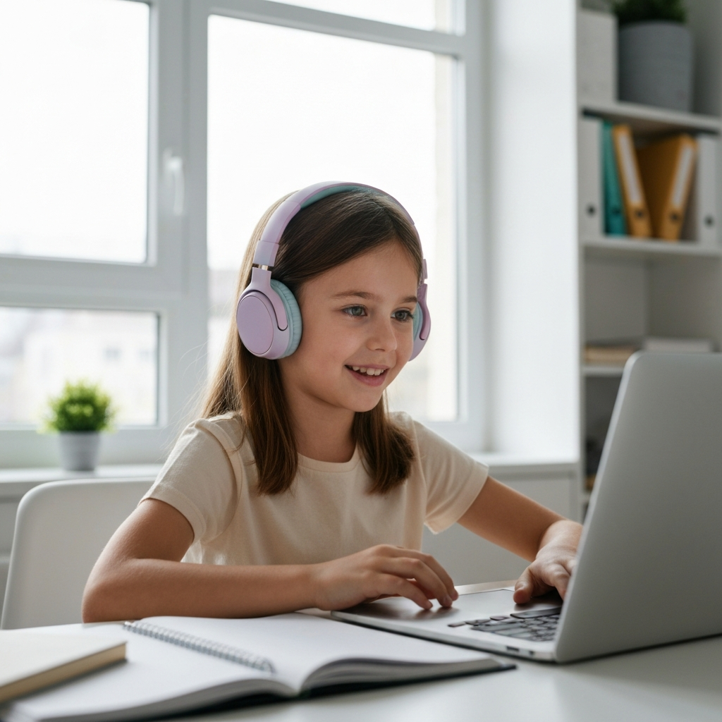 A child wearing headphones while working on a laptop at a desk. A soft glow emanates from the screen, and the child appears focused. The room is tidy and organized, with minimal distractions.
