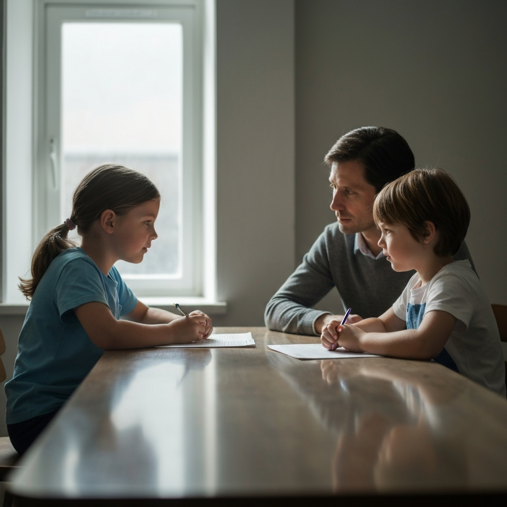 Two children sitting at a table, engaged in a calm discussion. An adult sits nearby, observing attentively. The lighting is soft and diffused, creating a peaceful atmosphere. The table has a smooth, polished surface.