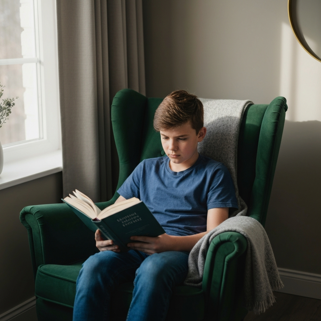 A teenager reading a book in a comfortable armchair. Natural light streams in through a window, casting a warm glow on the scene. A soft blanket is draped over the chair, adding to the cozy atmosphere.