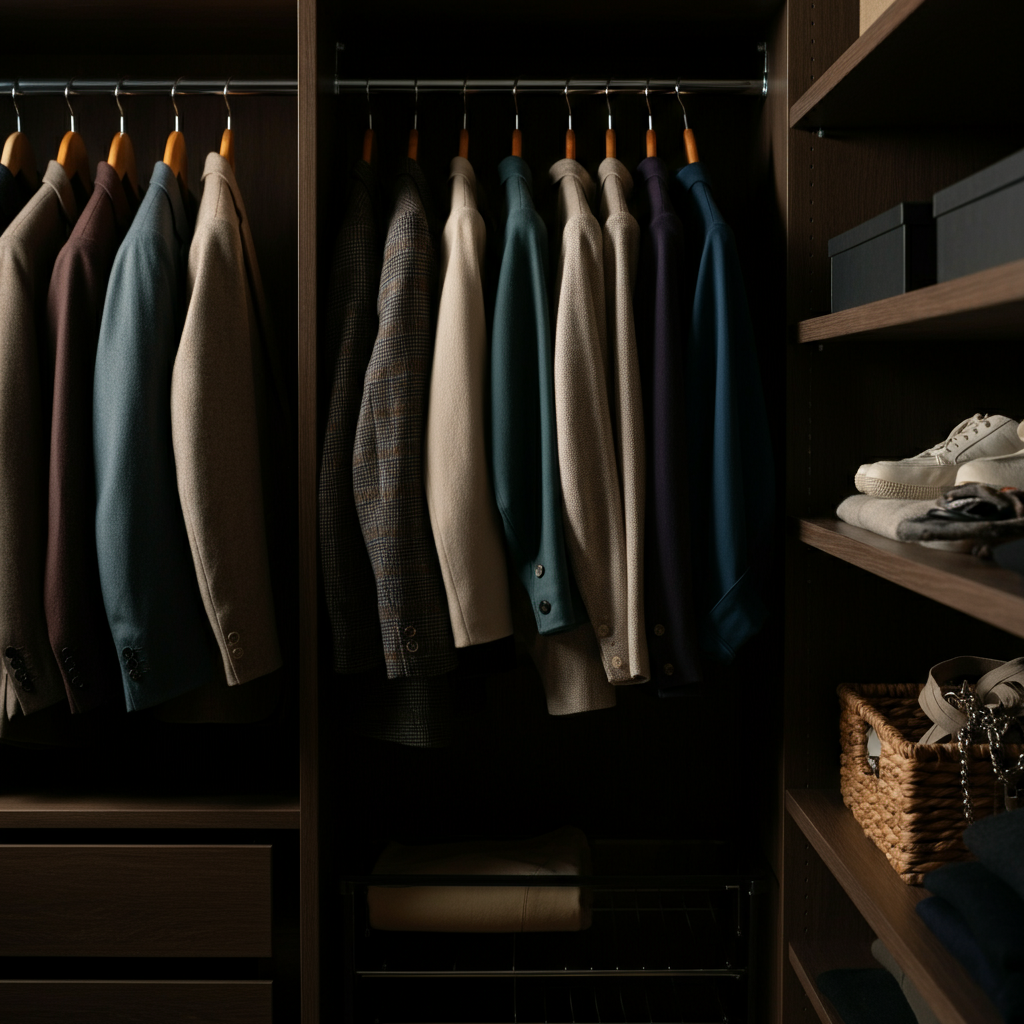 A neatly organized closet with clothes hung in an orderly fashion. Soft lighting illuminates the textures of the fabrics. Baskets and shelves hold accessories and shoes, all arranged neatly.