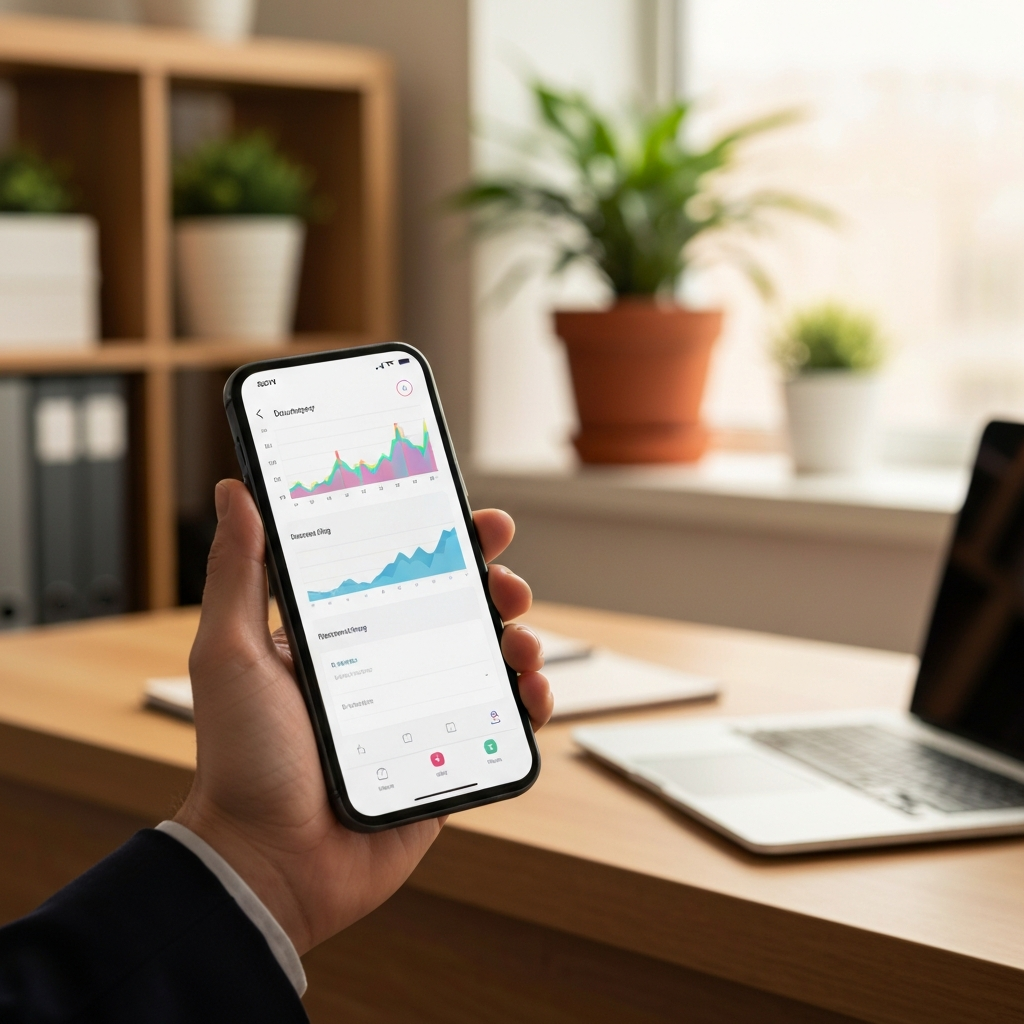 Close-up shot of a hand holding a sleek smartphone, displaying a budgeting app with colorful graphs. Soft bokeh background shows a tidy home office with a laptop and potted plant. Warm, natural lighting.