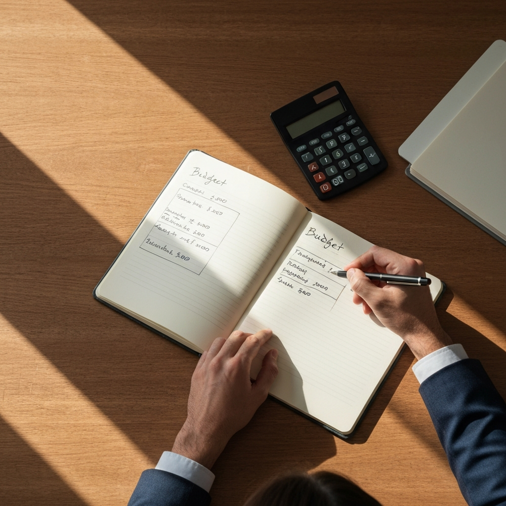 Overhead view of a wooden desk with a person writing in a notebook. The notebook is open to a page with handwritten budget categories and amounts. A calculator and pen are nearby. Natural side-lighting highlights the texture of the wood.