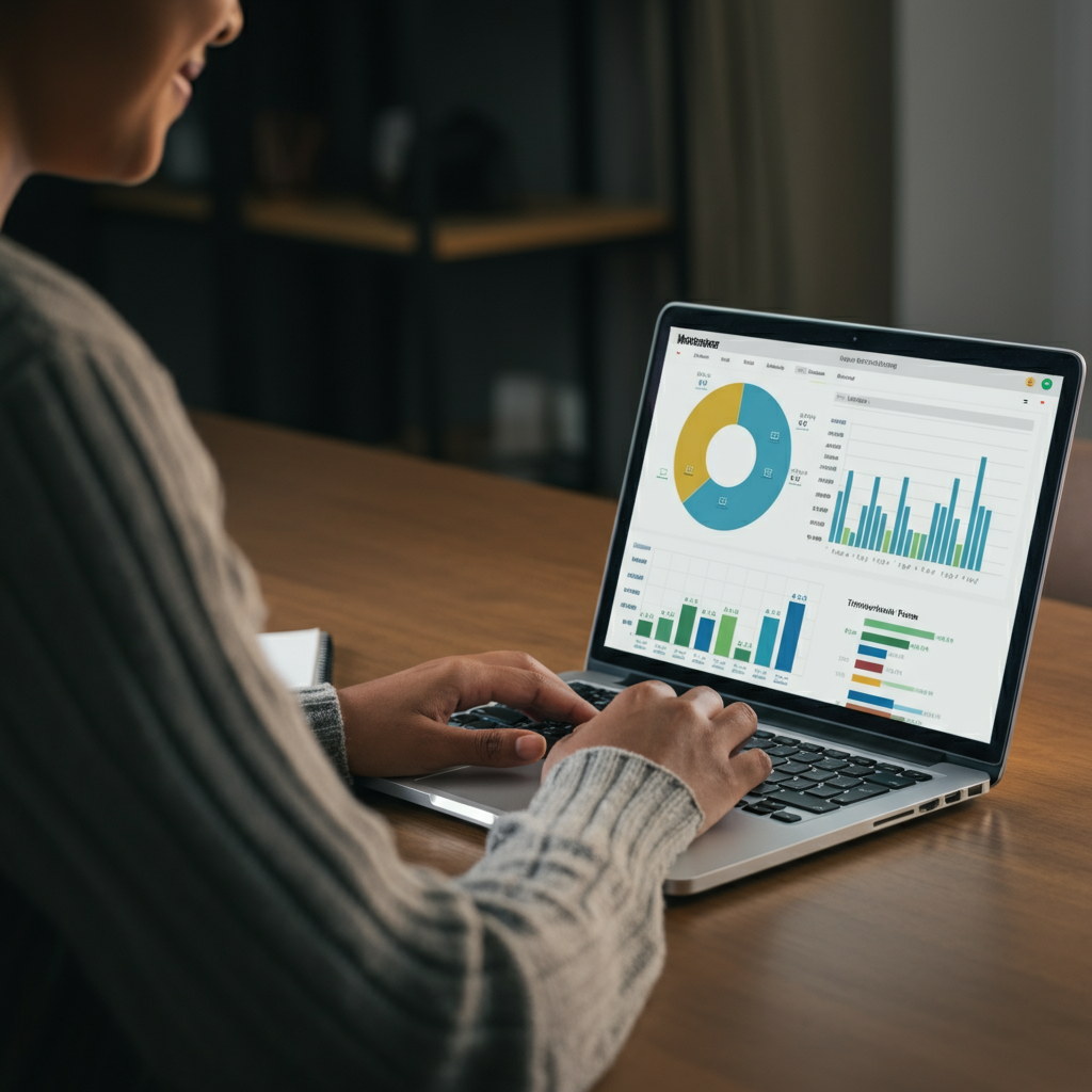 A person sitting at a desk, working on a laptop. The screen shows a brokerage account interface with graphs and charts indicating investment performance. The person is smiling slightly, with a sense of accomplishment. Soft, indirect lighting.