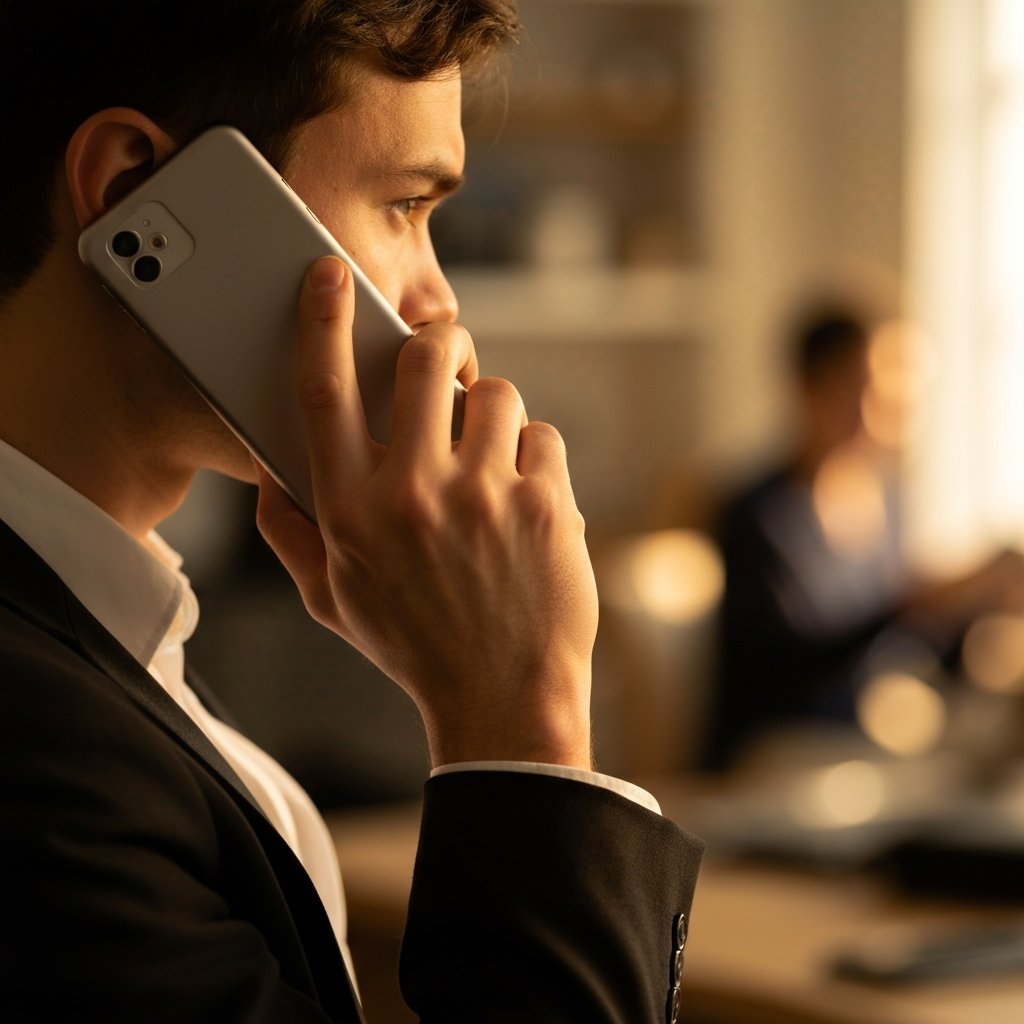 A hand holding a phone to their ear, with a determined expression. The background is blurred, suggesting a busy home environment. Golden hour lighting creates a warm, inviting atmosphere.