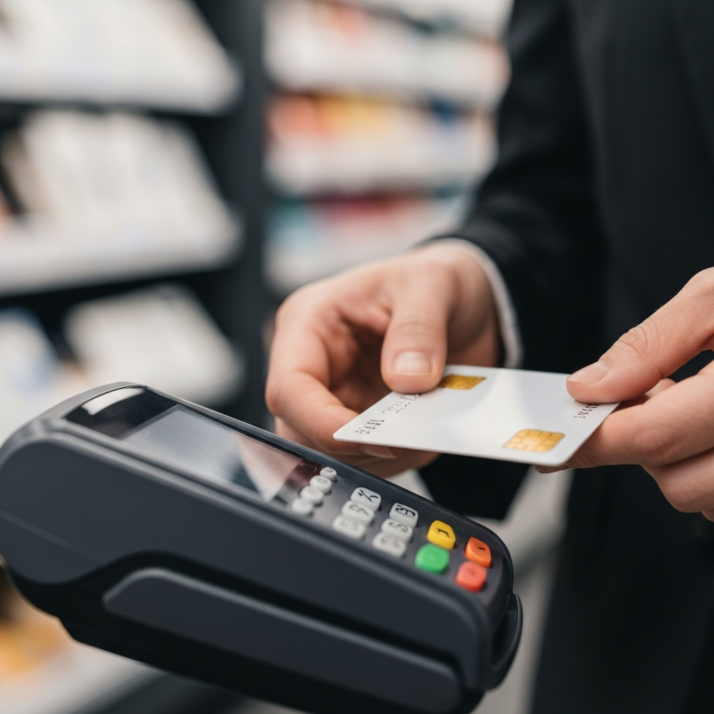 A close-up of a credit card being inserted into a payment terminal. The focus is on the card and terminal, with a slightly blurred background of a retail environment. Professional, even lighting.
