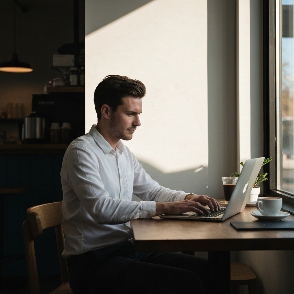A person working on a laptop in a coffee shop, with a relaxed but focused expression. Sunlight streams through the window, creating a warm and inviting atmosphere. A cup of coffee sits nearby.