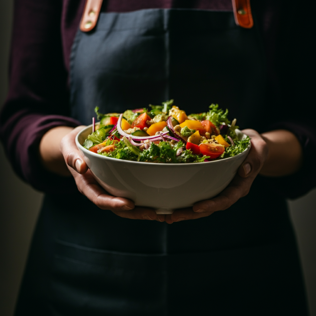 A close-up shot of a person's hands holding a colorful salad bowl in natural light. Focus on the vibrant colors and textures of the vegetables, with soft bokeh in the background.