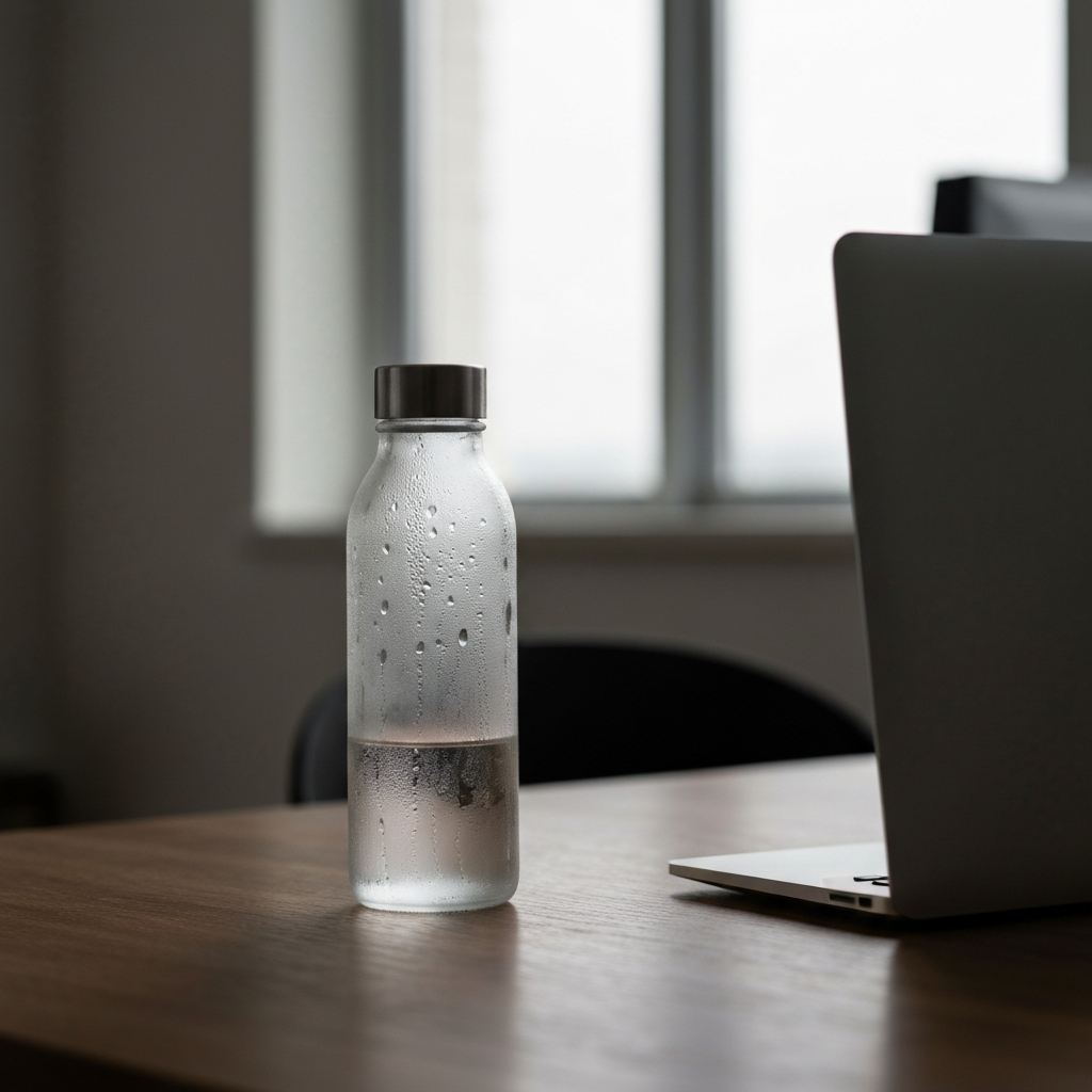 A frosted glass water bottle with condensation droplets sits on a wooden desk next to a laptop. The scene is lit with soft, diffused light coming from a nearby window.