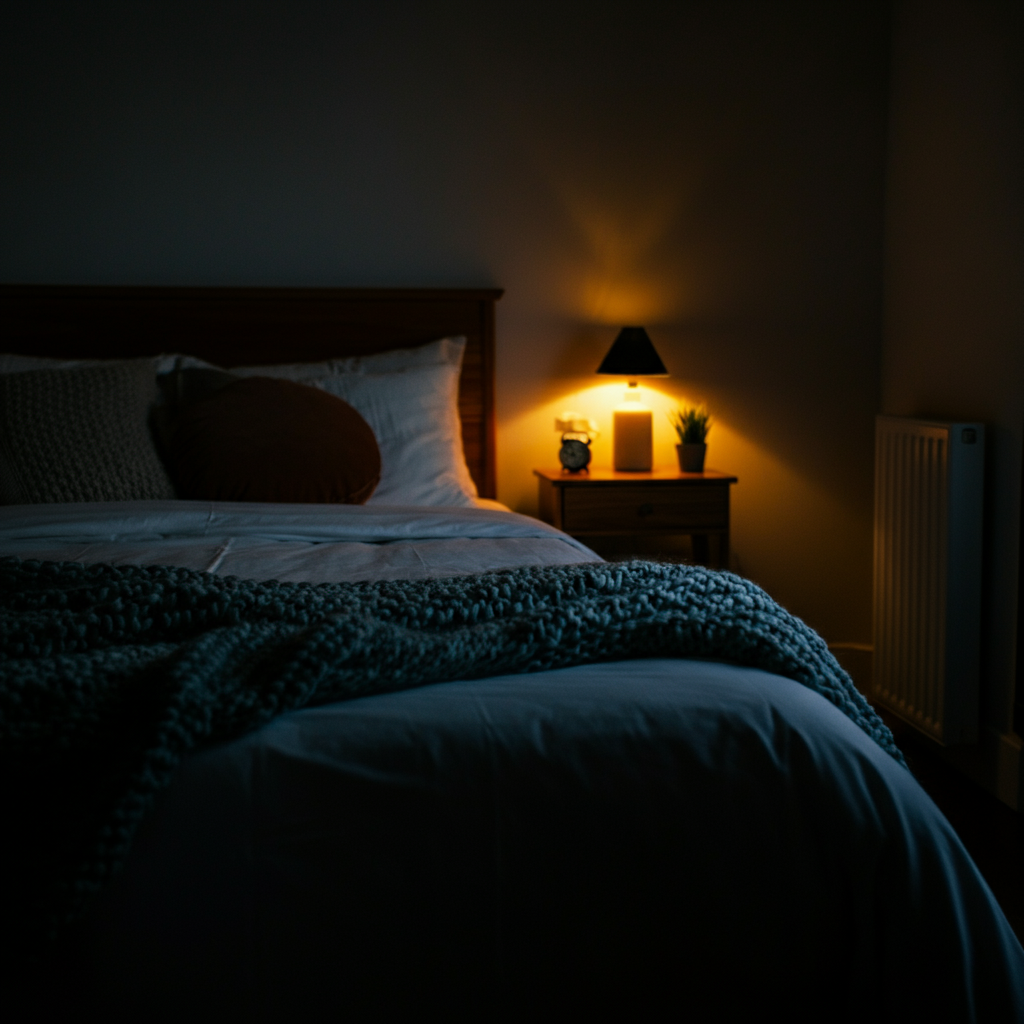 A dimly lit bedroom with a neatly made bed. A soft, warm glow emanates from a bedside lamp, highlighting the texture of the knitted blanket.