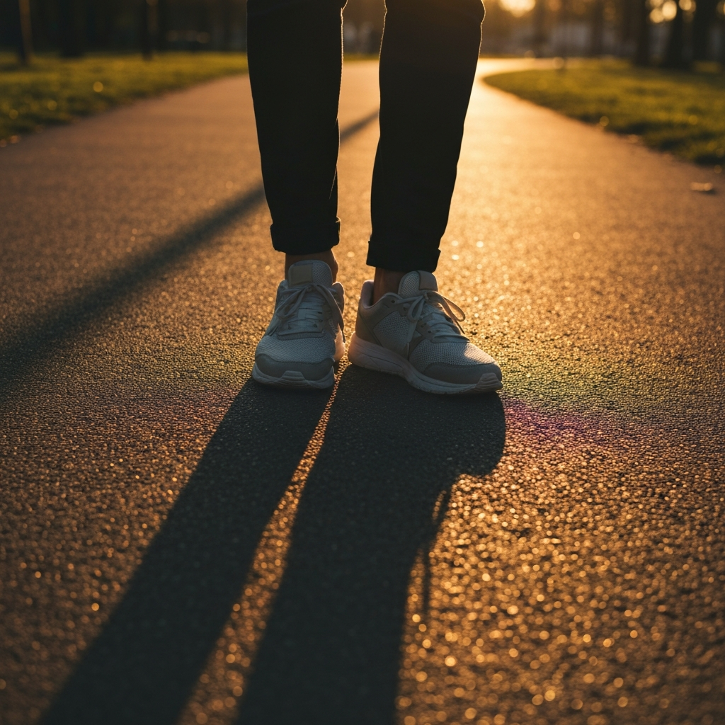 A person wearing athletic shoes is shown from the ankles down, walking on a paved park trail during golden hour. Long shadows stretch across the path, emphasizing the textured surface.