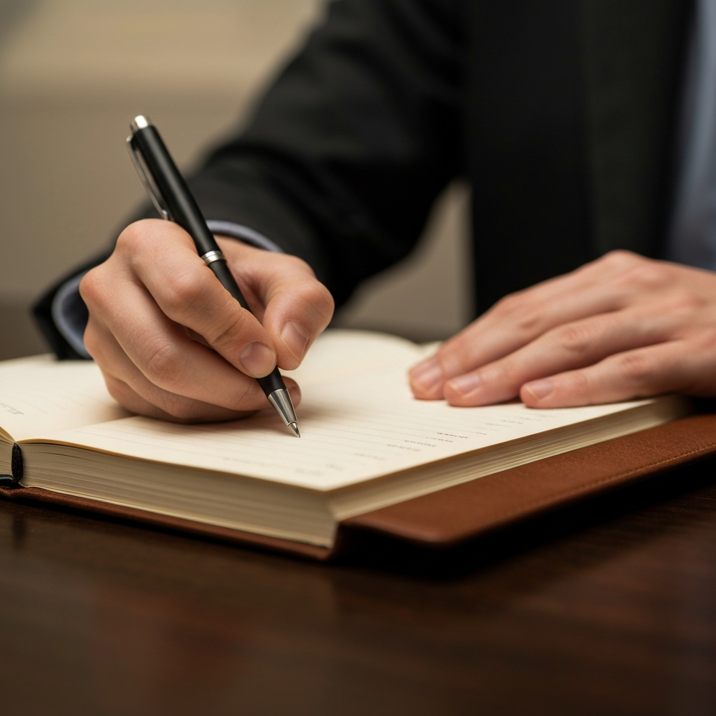 A close-up shot of a hand writing in a leather-bound journal. A pen rests on the page, and the lighting is soft and warm, highlighting the texture of the paper.
