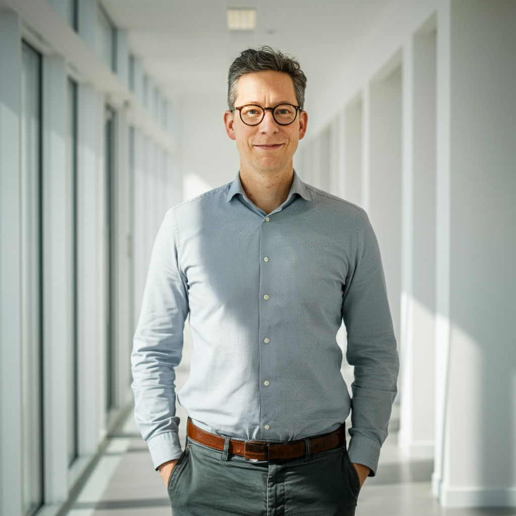 A person stands confidently in a bright, airy office, looking directly at the camera. They have a slight smile and an open posture, radiating self-assurance. The background is blurred with soft lighting.