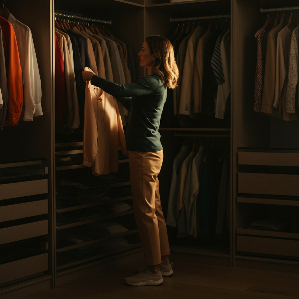 A woman standing in front of a closet filled with well-organized clothing. She is holding a blouse in her hand, examining it. The closet is well-lit, with a variety of colors and textures visible.