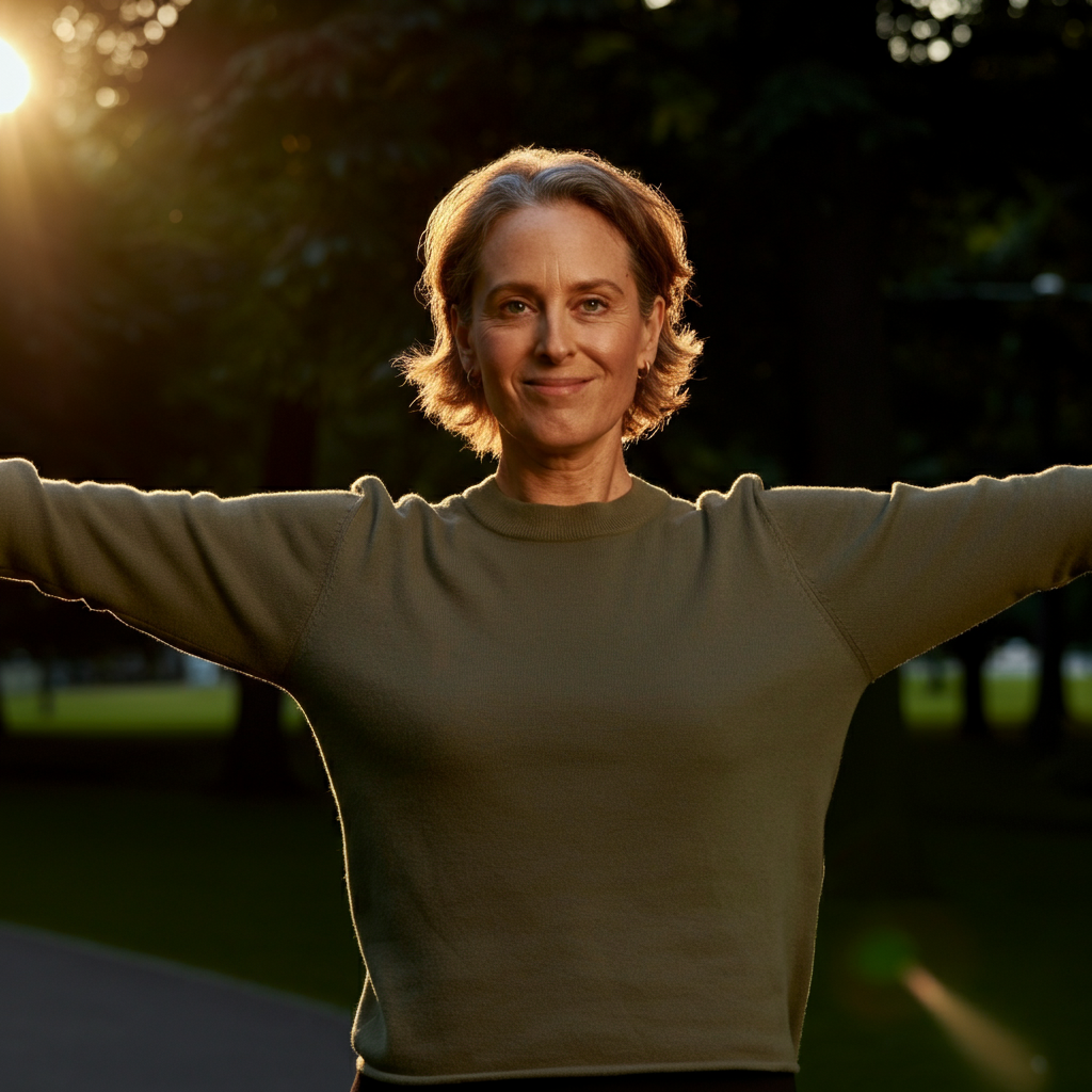 A person standing in a park, practicing confident posture. The sun is setting, casting a warm, golden light on the scene. The person is smiling slightly, looking relaxed and self-assured.