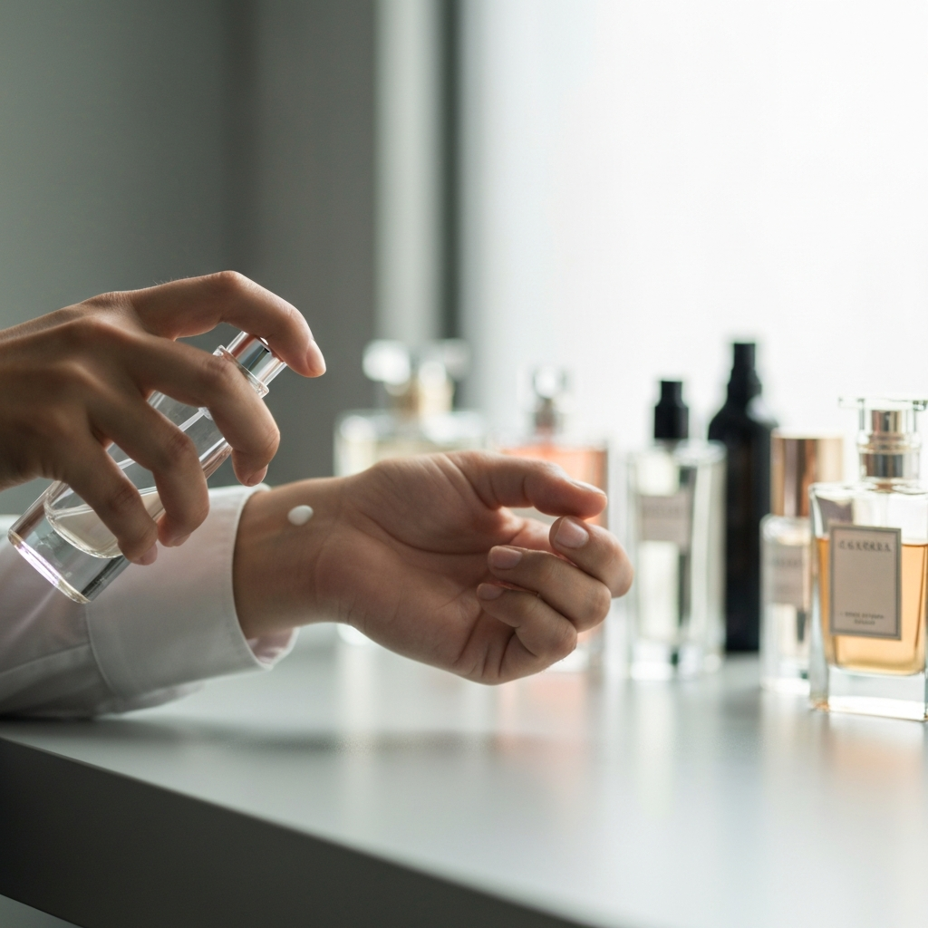 A hand delicately spritzing perfume onto a wrist. The background is blurred, showcasing a collection of elegant perfume bottles. Soft, diffused lighting highlighting the textures of glass and liquid.