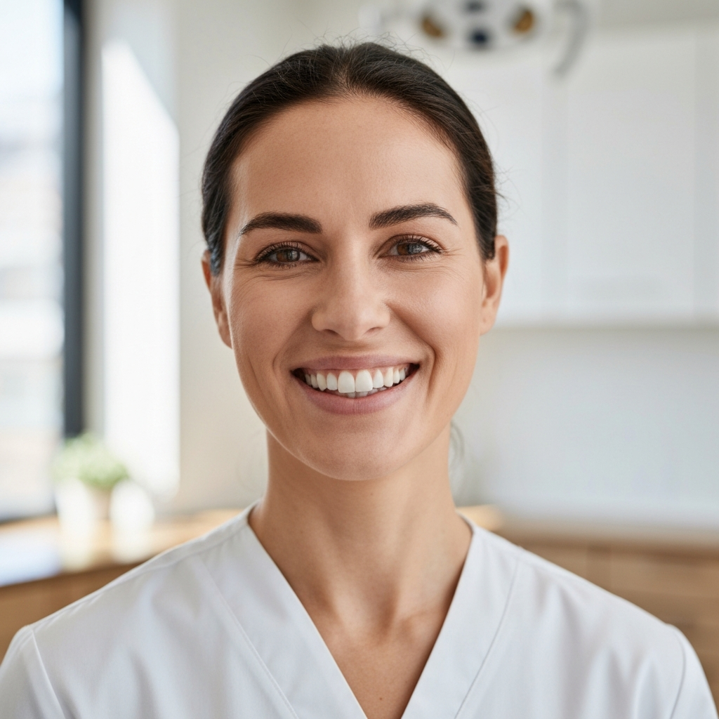 A person smiling genuinely at the camera, showcasing healthy, white teeth. The background is a softly blurred dental office. Natural, diffused light, creating a welcoming and clean aesthetic.