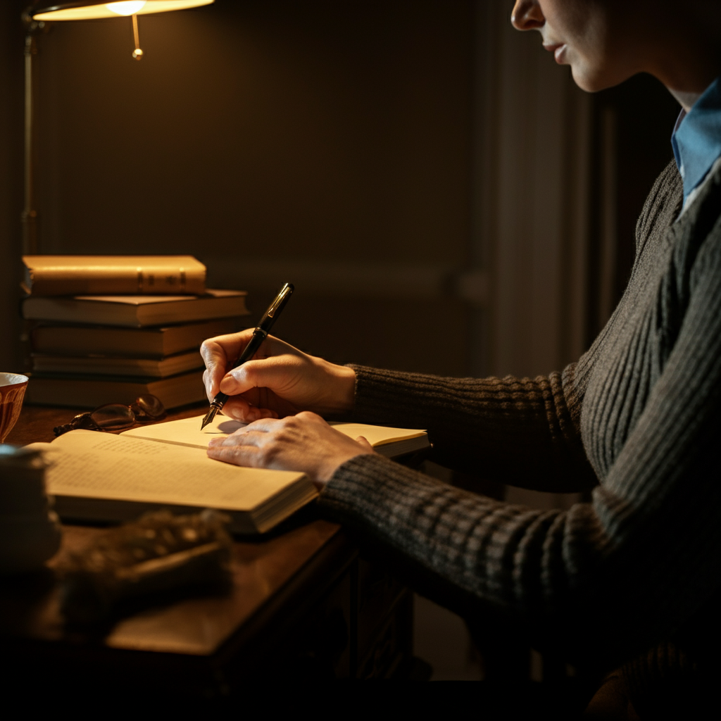 A person sits at a desk in a warmly lit study, sunlight filtering through a window. They are writing in a journal with a fountain pen. The desk is cluttered with books, papers, and a half-empty cup of tea. Soft bokeh in the background.