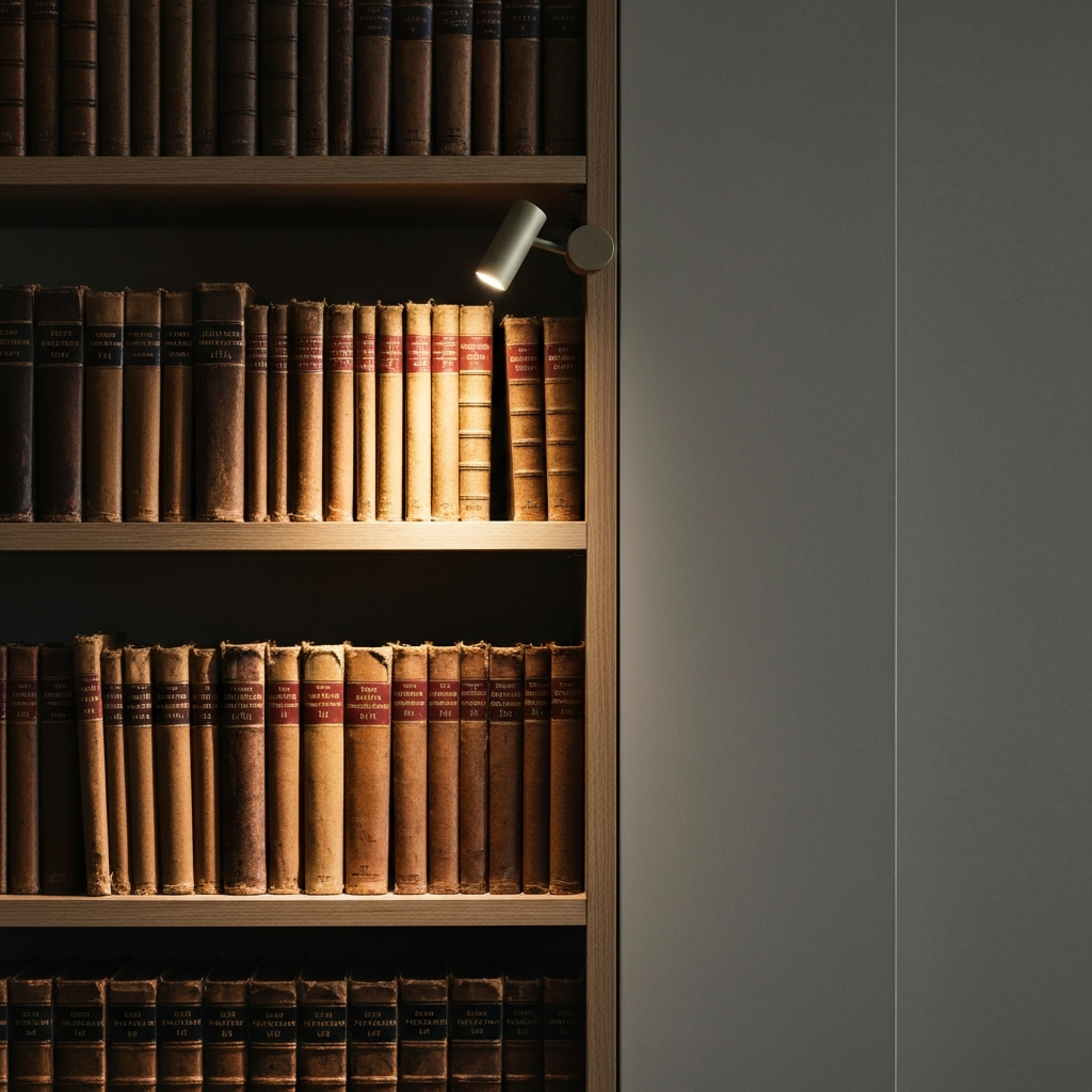 A bookshelf filled with worn, leather-bound books in a library. The scene is dimly lit, with a single spotlight illuminating a section of the shelf. Close-up shot revealing the textures of the aged leather and gold lettering.