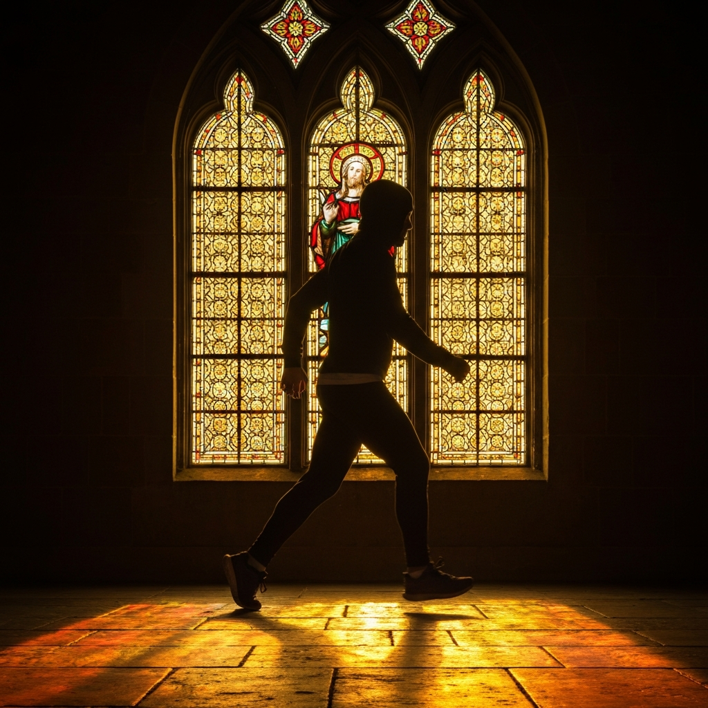 A stained-glass window in a church, depicting a religious figure. Golden hour lighting streams through the window, casting vibrant colors onto the stone floor. Focus on the intricate details of the glass and the texture of the stone.