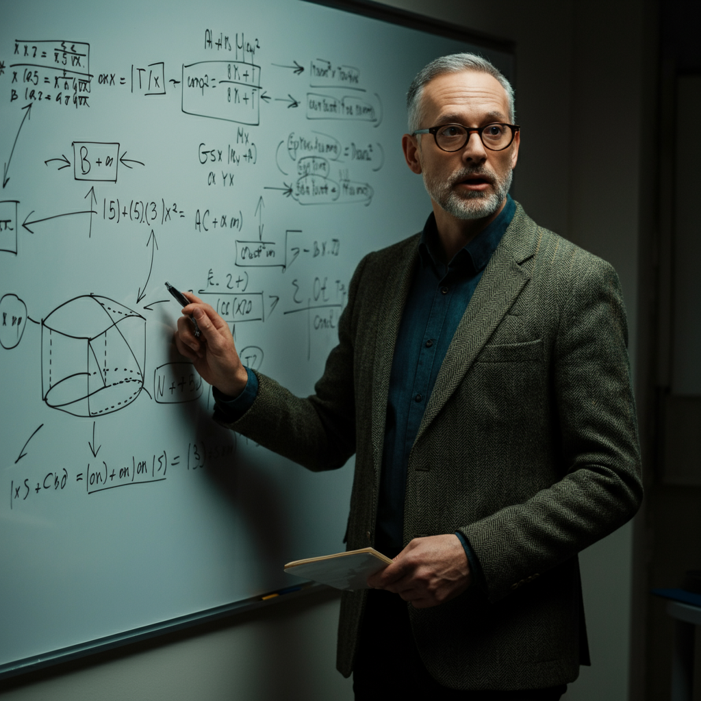 A professor standing in front of a whiteboard in a university classroom, explaining a complex concept. The whiteboard is filled with diagrams and equations. The professor is wearing a tweed jacket and glasses, and has a thoughtful expression on their face.