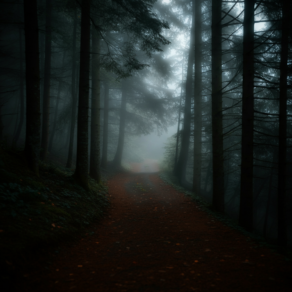 A winding path leading into a misty forest. The path is barely visible, and the trees are shrouded in fog. The scene evokes a sense of mystery and uncertainty.