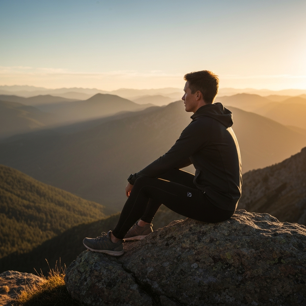 A person sitting on a rock overlooking a vast mountain range at sunset. They are gazing out at the horizon with a contemplative expression. The golden light of the setting sun bathes the landscape in a warm glow.