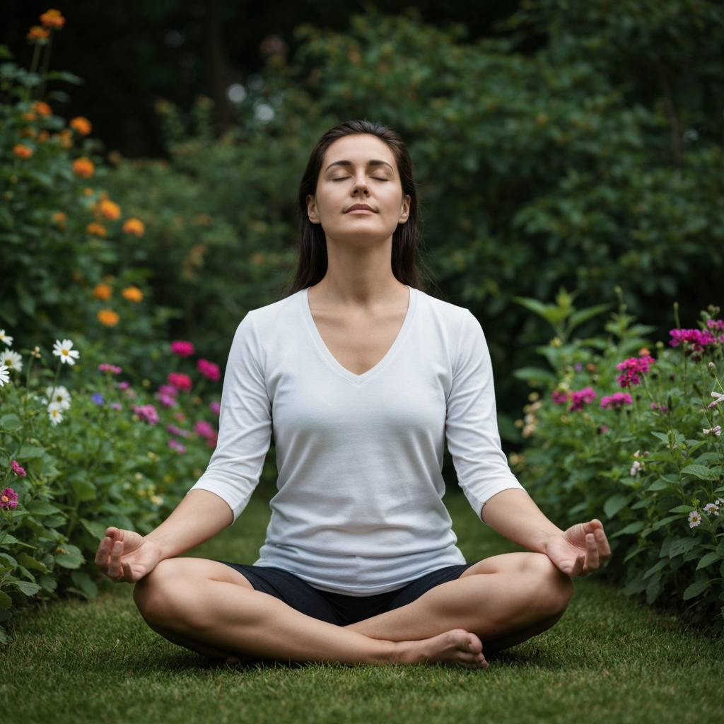 A person meditating in a peaceful garden. They are sitting cross-legged with their eyes closed, and their face is relaxed and serene. The garden is filled with lush greenery and colorful flowers. Soft, diffused lighting.