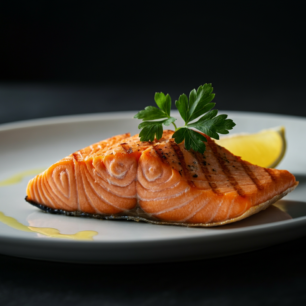 A close-up shot of a perfectly grilled salmon fillet on a white plate, garnished with fresh parsley and a lemon wedge. Soft, diffused lighting highlighting the textures of the fish.
