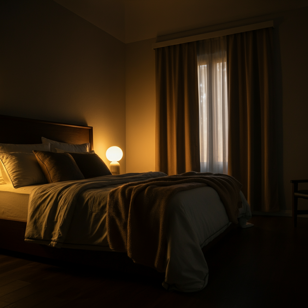 A dimly lit bedroom with soft, natural light filtering through the curtains. A comfortable bed with plush pillows and a thick comforter. The focus is on creating a sense of tranquility and relaxation.