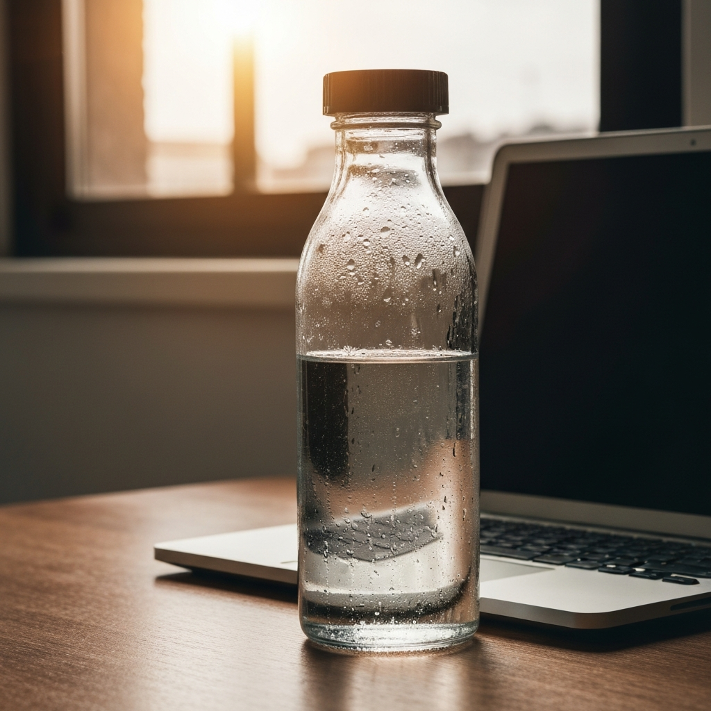 A glass water bottle with condensation on its surface, sitting on a wooden desk next to a laptop. Sunlight streaming in from a nearby window, creating a warm and inviting atmosphere.