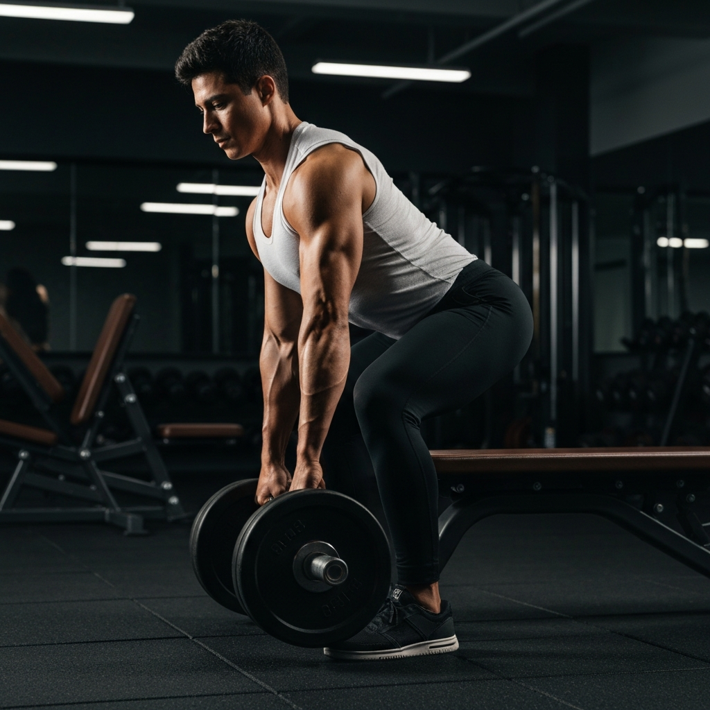 A person lifting weights in a well-equipped gym. The focus is on their form and technique, with proper lighting highlighting their muscle definition.