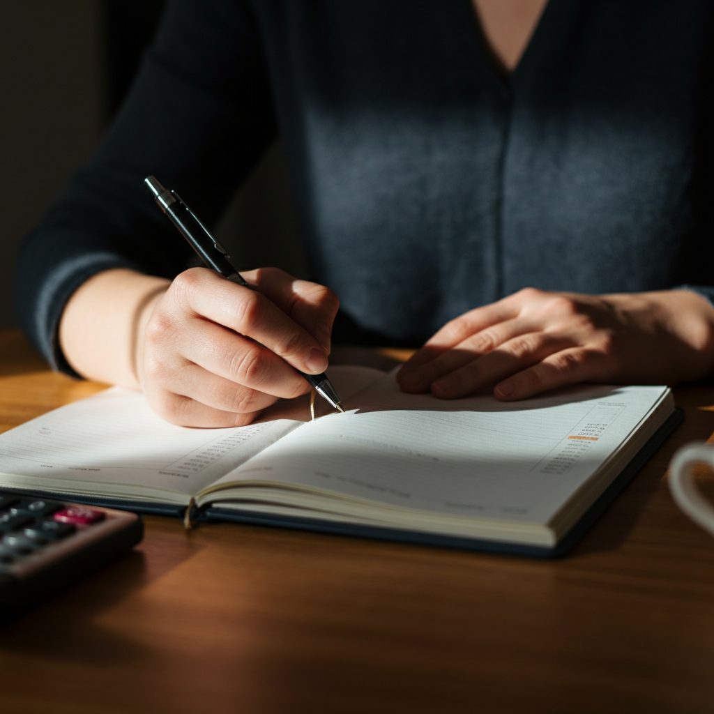 Close-up of a hand writing in a budget planner on a wooden desk. Soft, natural light streams in from a window, highlighting the texture of the paper and the grain of the wood. A calculator and a pen rest nearby.