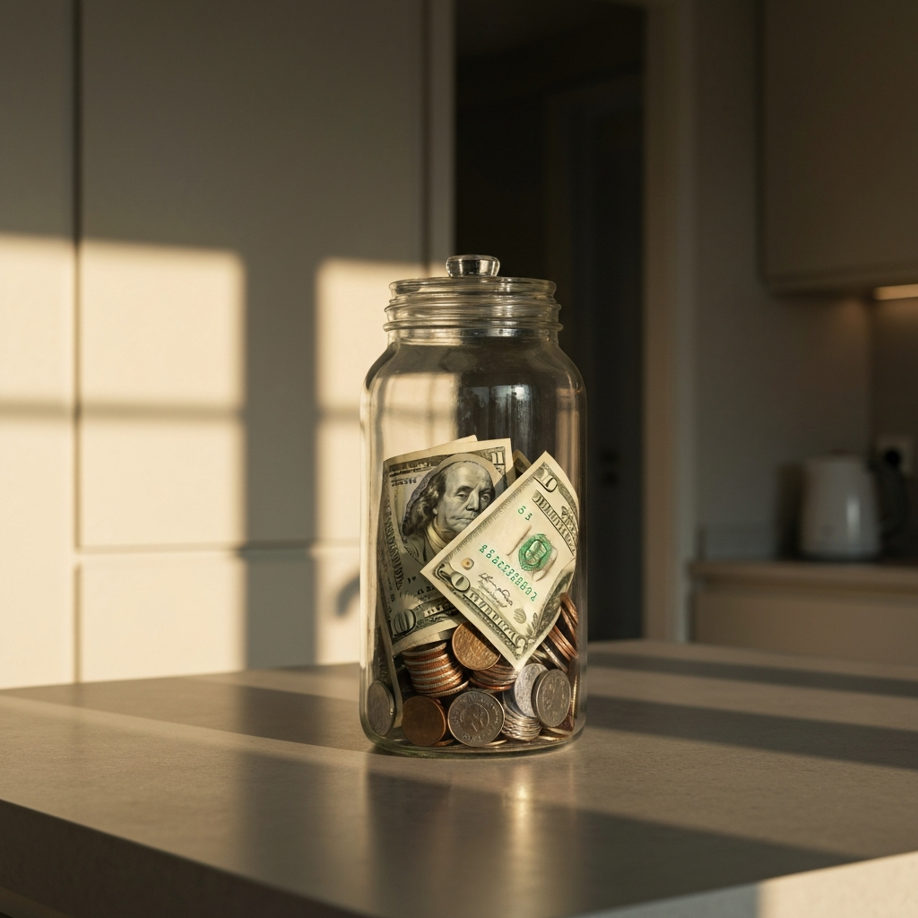 A clear glass jar filled with dollar bills and coins sits on a kitchen counter. The golden hour lighting casts warm shadows, accentuating the textures of the money and the reflective surface of the jar.