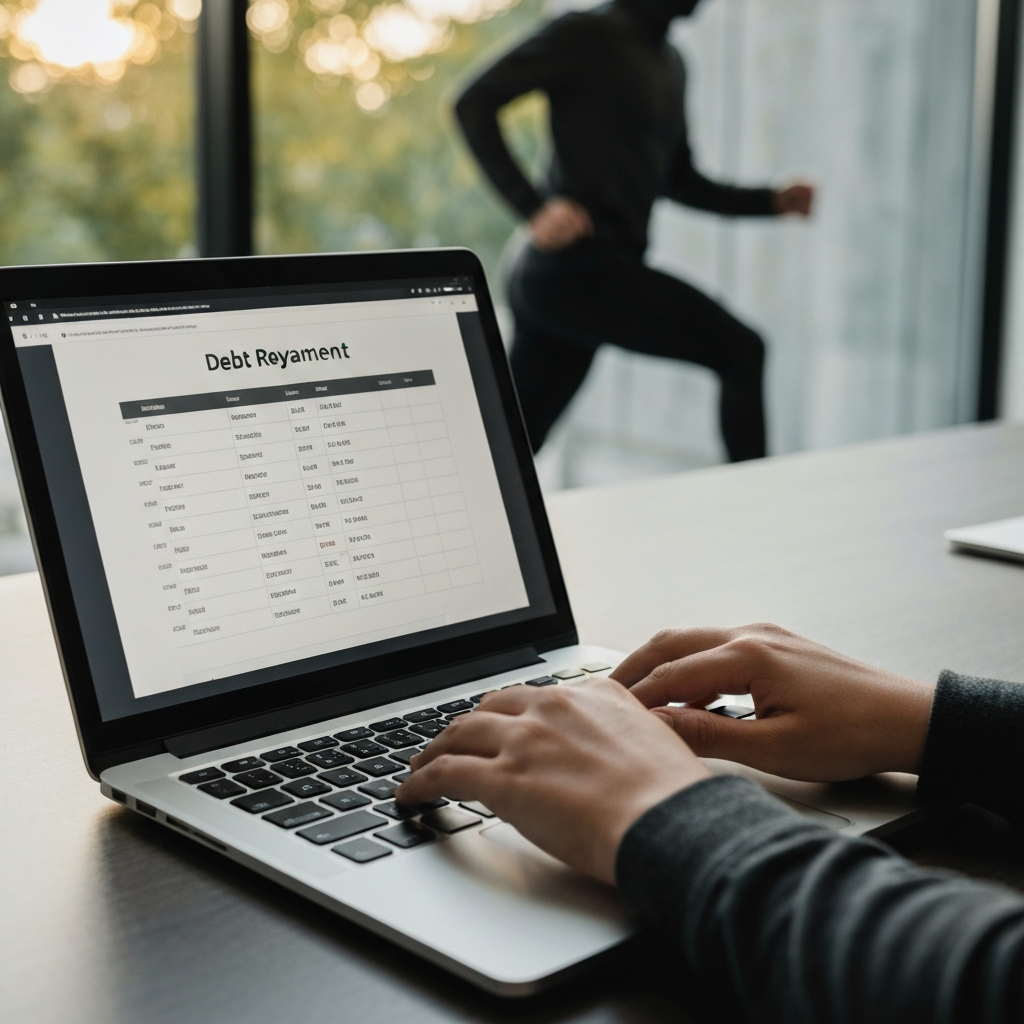 Hands typing on a laptop, the screen displaying a debt repayment schedule. The office environment is clean and modern, with blurred greenery visible through a window.