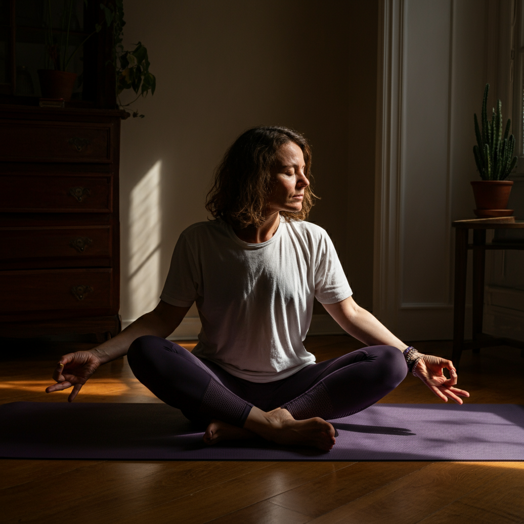 A person practicing yoga in a bright, airy living room. Soft sunlight illuminates the scene, highlighting the peaceful expression on their face and the textures of the yoga mat and surrounding furniture.