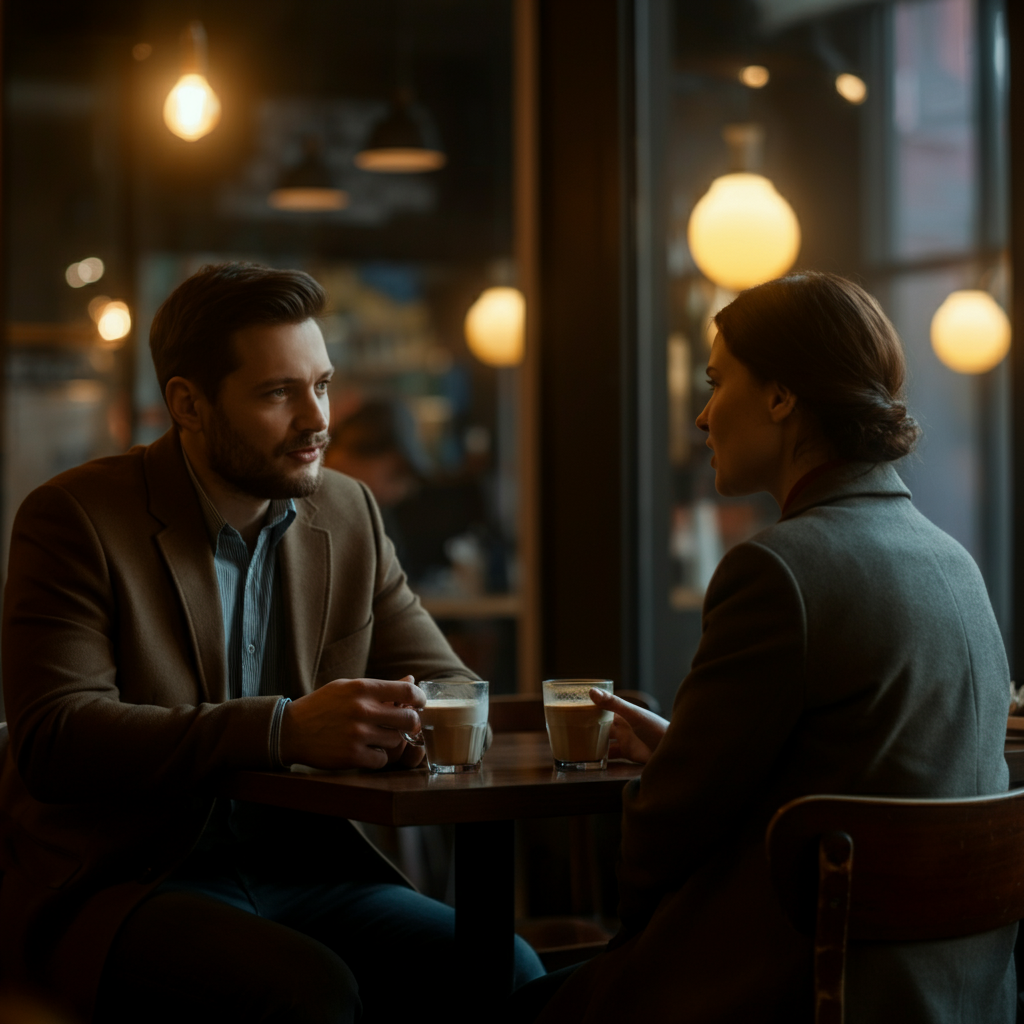 Two people having a conversation at a coffee shop. The background is blurred, focusing attention on their engaged facial expressions and relaxed body language. Warm, ambient lighting creates a cozy atmosphere.