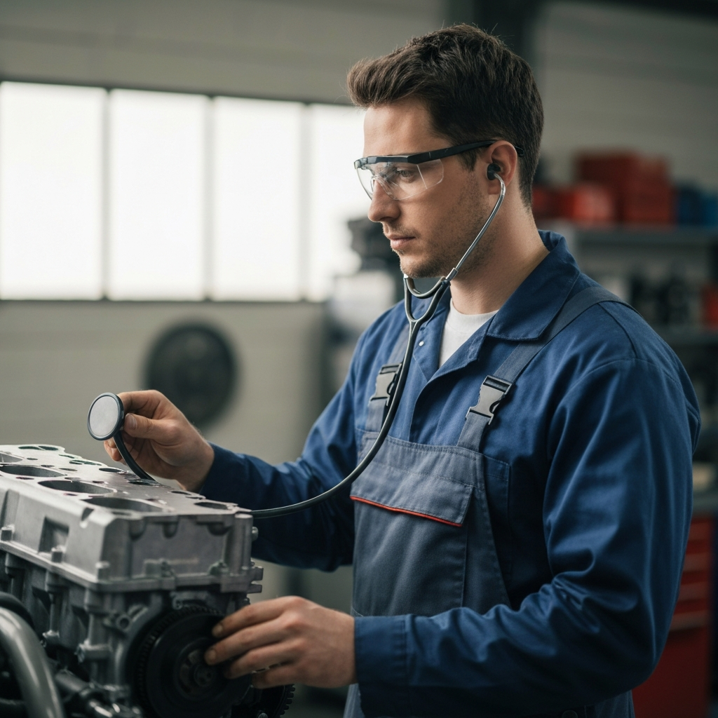 Mechanic in a well-lit garage, holding a stethoscope to an engine block. Soft bokeh effect emphasizes the mechanic's focused expression. He is wearing clean overalls and safety glasses.