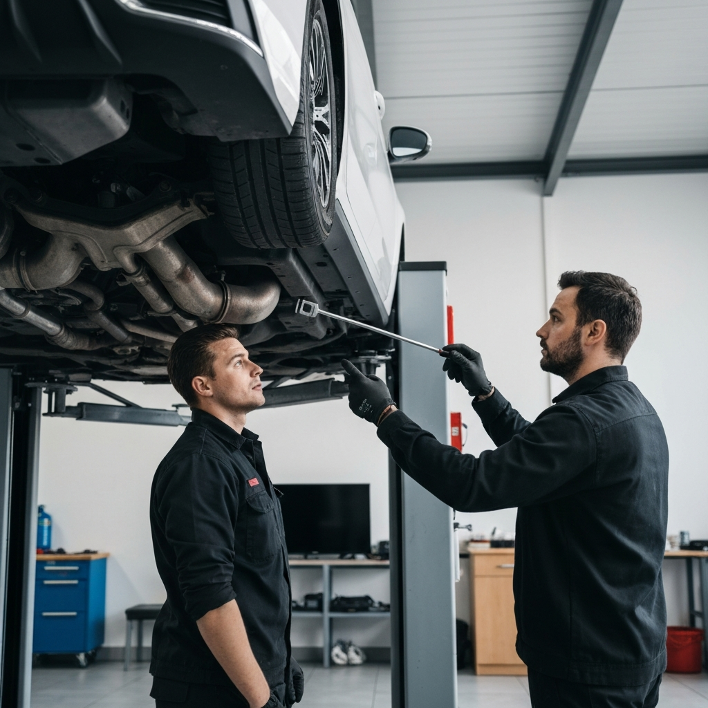 Side profile shot of a car on a lift in a professional auto shop. The underside of the car is clean, and a technician is pointing to a component with a tool.