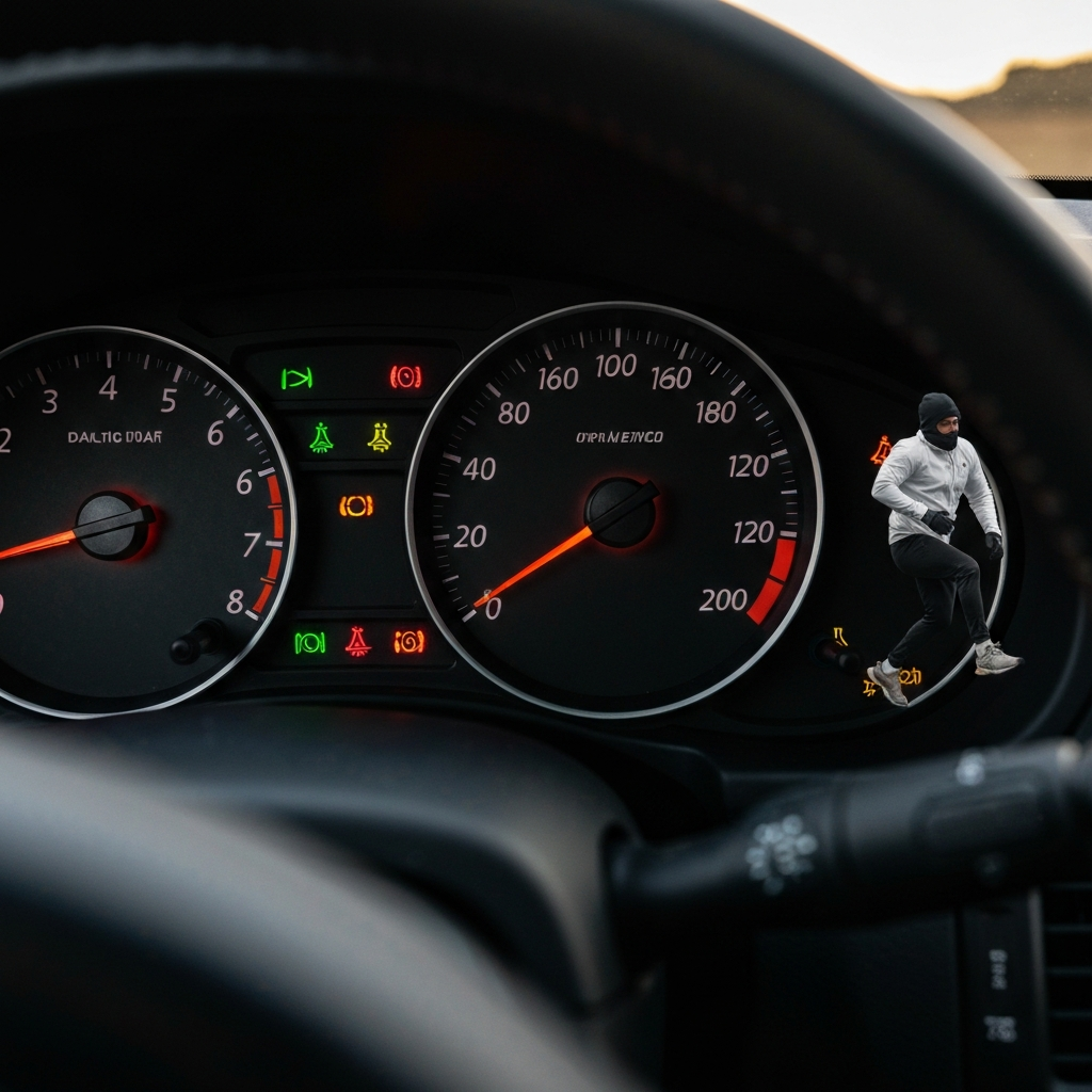 Close-up of a dashboard instrument cluster, showing the speedometer, tachometer, and various warning lights. Soft, diffused lighting highlights the textures of the dashboard materials.