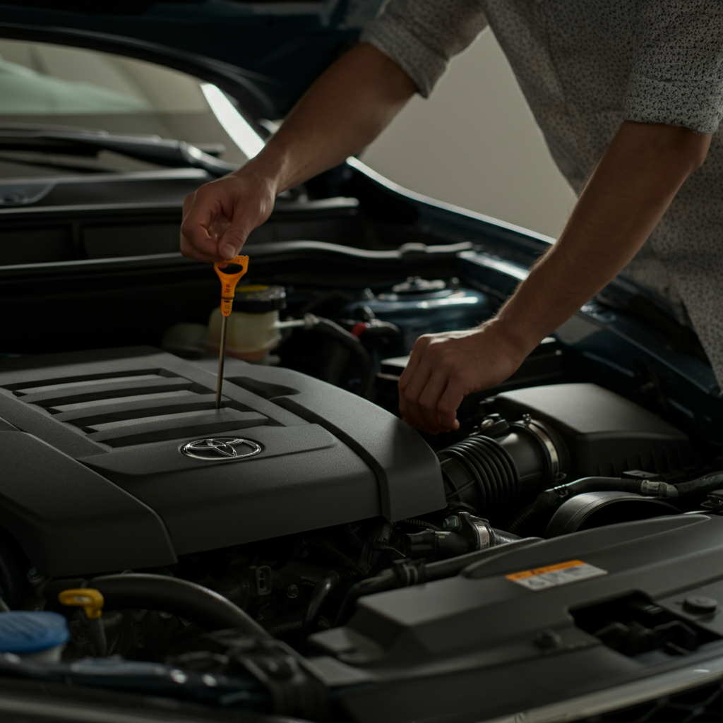 A person in clean, casual clothes checking the engine oil level using the dipstick. The engine bay is clean and organized, and sunlight filters through the open hood.