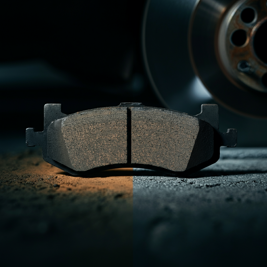Close-up of a worn brake pad next to a new brake pad, clearly showing the difference in thickness and wear. The lighting emphasizes the friction material texture.