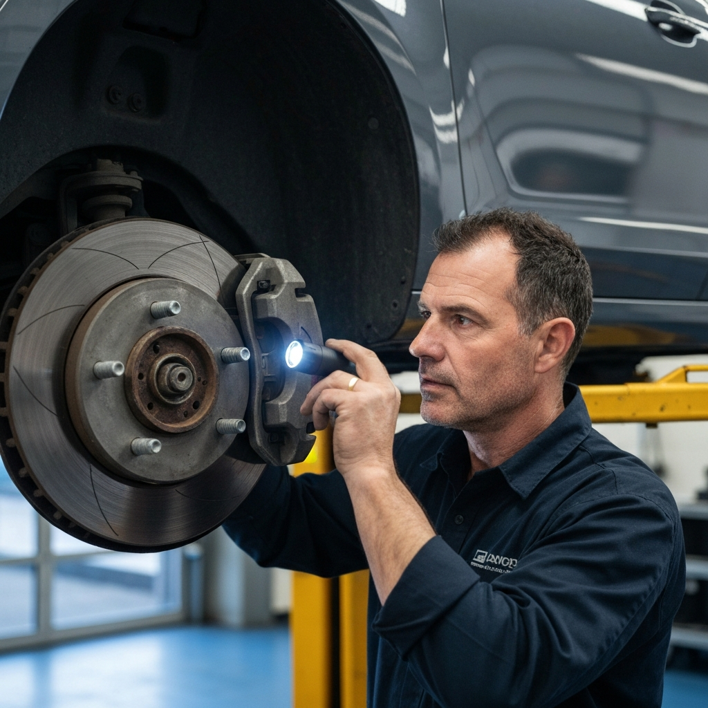 Mechanic inspecting a car's brake system with a flashlight. The car is on a lift, and the mechanic is carefully examining the brake rotor and caliper.